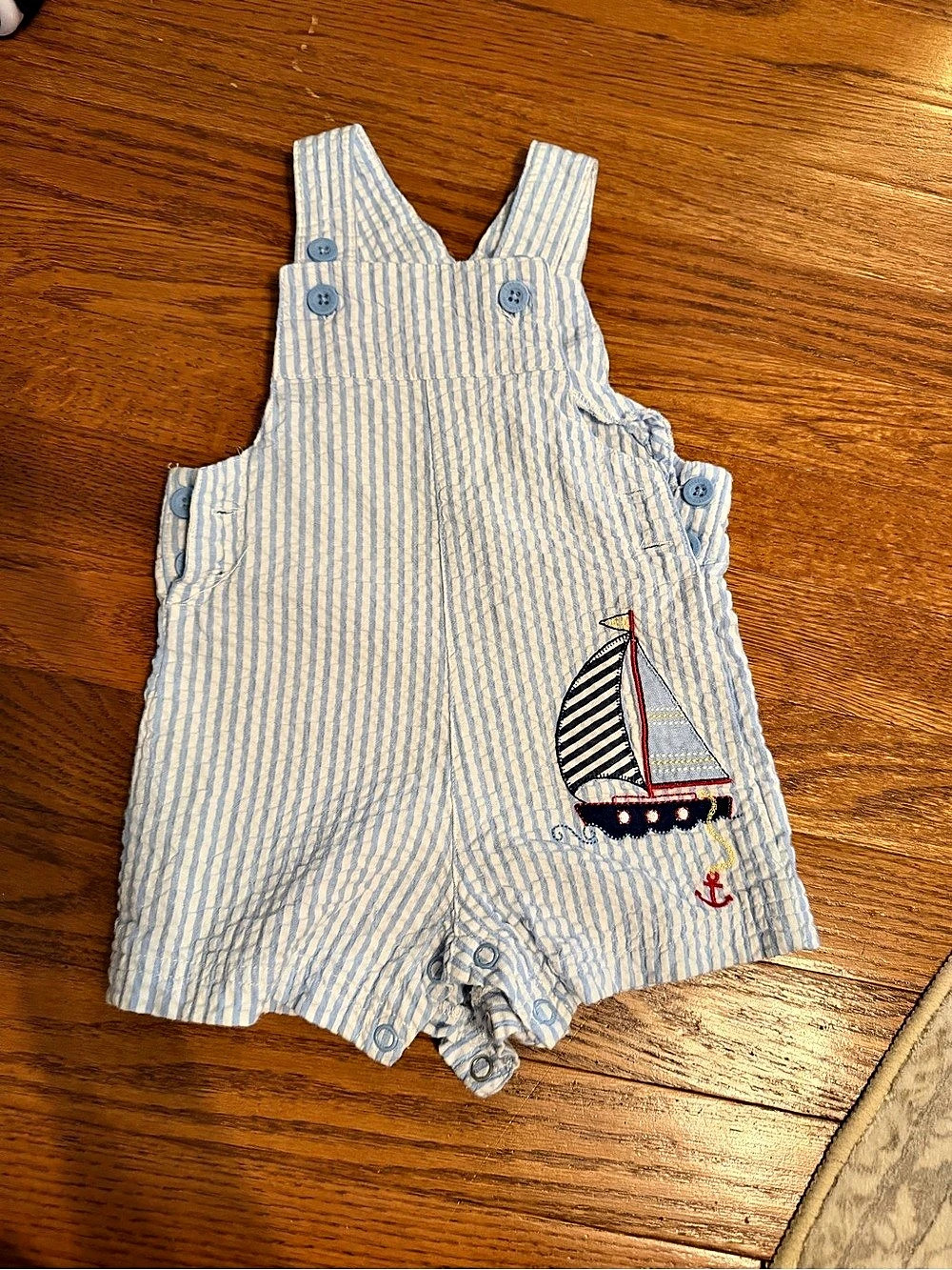 Little Me Sailboat Seersucker Shortall Blue & White Baby 9M